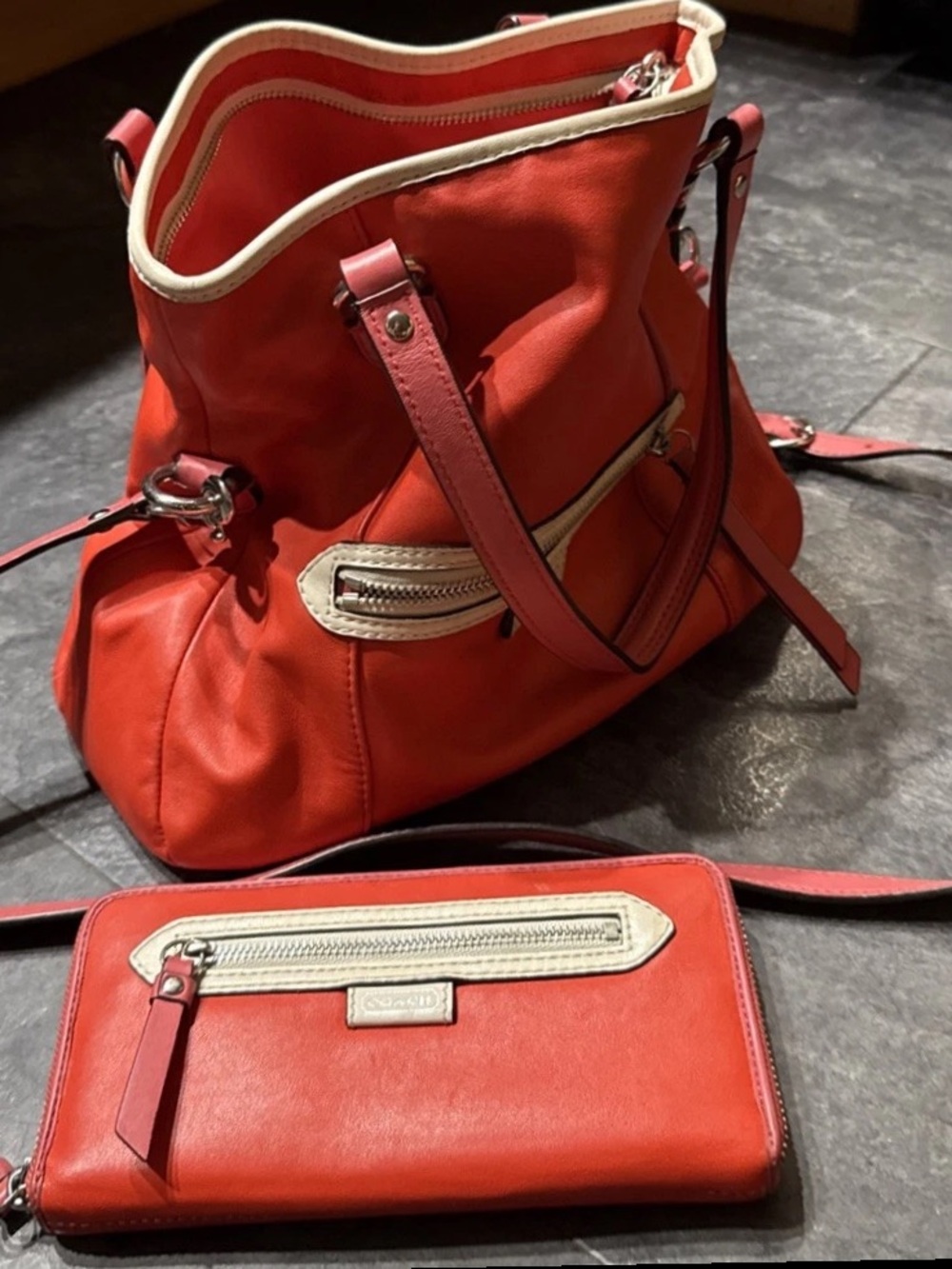 Coach Red Shoulder Bag with Cream Trim and Matching Wallet